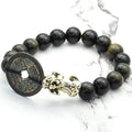 Golden Obsidian Stone & WEALTH Ancient Coin & Pixiu Feng Shui Bracelet