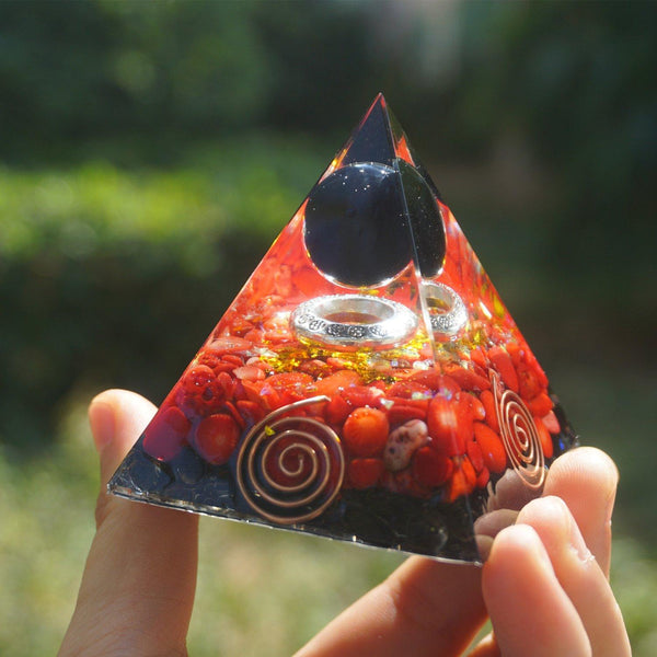 37-Handmade Obsidian & Red Coral Crystal Sphere 'OPTIMISM' ORGONITE Pyramid