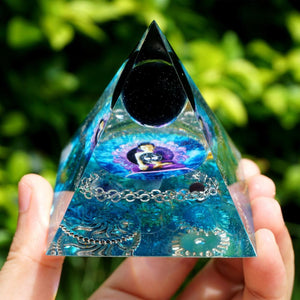 #104-Handmade Buddha & Blue Quartz Crystal Sphere ' SELF-DISCIPLINE' ORGONITE Pyramid