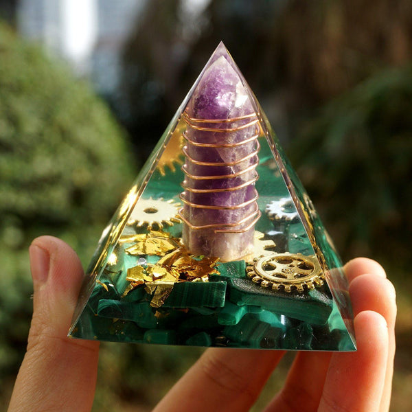 #163-Handmade Amethyst Point & Malachite 'MANIFESTATION' ORGONITE Pyramid