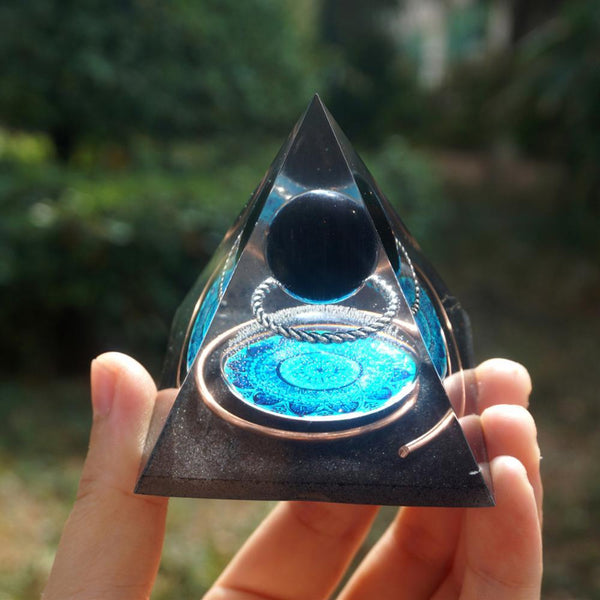 11-Handmade Black Obsidian Crystal Sphere 'SHIELDING' ORGONITE Pyramid