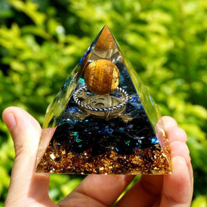 #105-Handmade Obsidian & Tiger Eye Silver Ring Crystal Sphere 'COURAGE' ORGONITE Pyramid