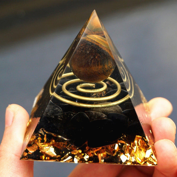 45-Handmade Tiger Eye & Obsidian Crystal Sphere 'FOCUS & GROUNDING' ORGONITE Pyramid