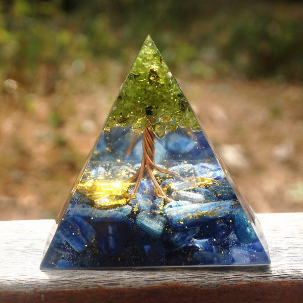 #28-Handmade Kyanite & Peridot TREE of LIFE ' ULTIMATE ALIGNMENT' ORGONITE Pyramid