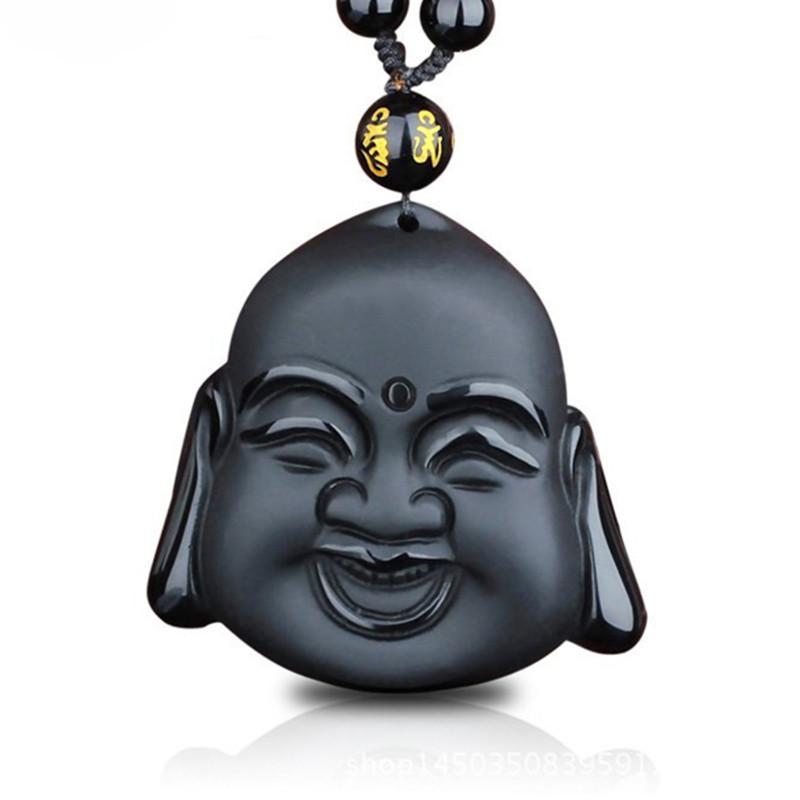 Laughing Buddha Obsidian Pendant Necklace