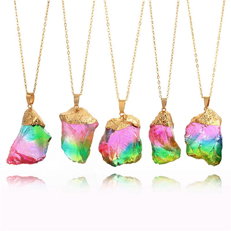 Raw Crystal Chakra Necklace, Rainbow Pendant