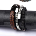 Leather, Steel & Lava Stone 3 pc Mens Bracelet Set