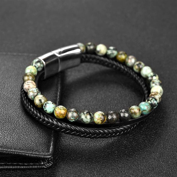 Men's Multi-layer Titanium Steel, Leather & African Turquoise ' INSPIRE' Bracelet