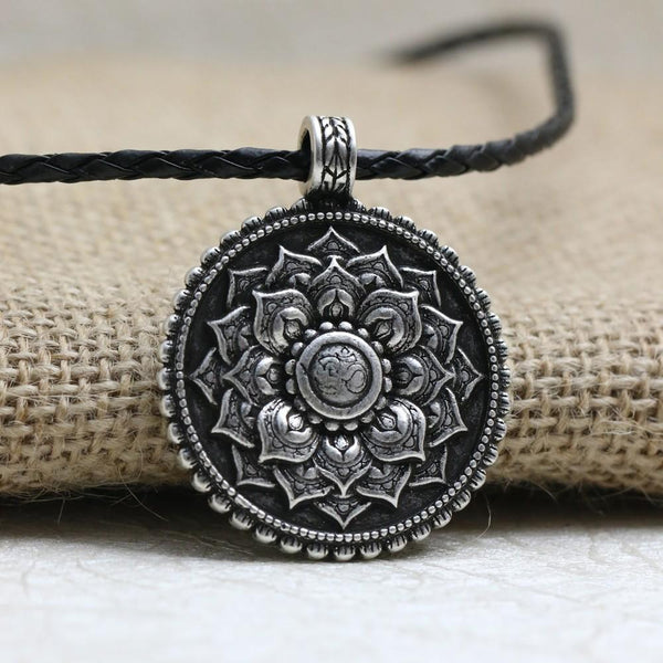 Tibetan Antique Silver Om Lotus Mandala  Necklace