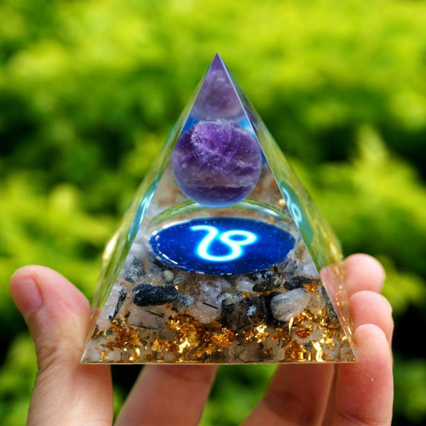 #150 - Handmade Amethyst & Tourmalinated Quartz 'HEALING' LEO Zodiac ORGONITE Pyramid