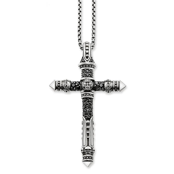 Silver & Zirconia Men's Skull Cross Pendant Necklace