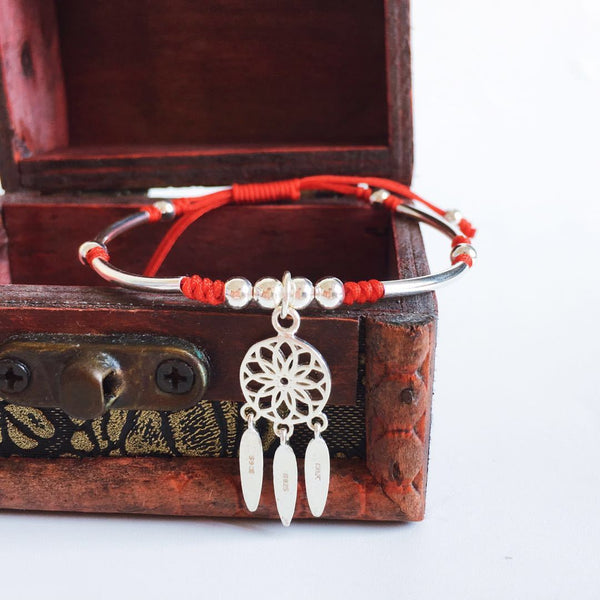 925 Sterling Silver DREAM CATCHER & Red Rope Bracelet