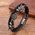 Steel, Leather and Stone STRENGTH Bracelet with Dual Dragon Heads