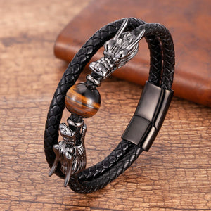 Steel, Leather and Stone STRENGTH Bracelet with Dual Dragon Heads