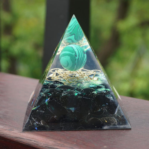 #242- Handmade Malachite & Obsidian 'EARTH & FIRE VIBRANCY' ORGONITE Pyramid