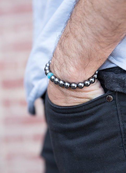 Black Magnetic Hematite Men's HEALTH & Energy Bracelet with Blue Cat's Eye Stone