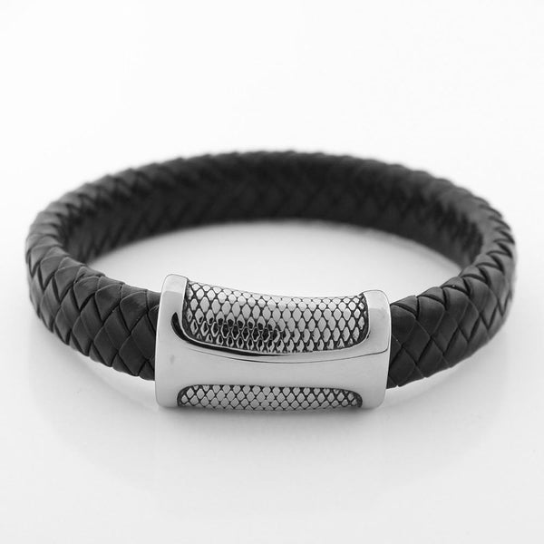 Mens Never Fade Stainless Steel & Braided Leather SNAKE SKIN Accent Bracelet