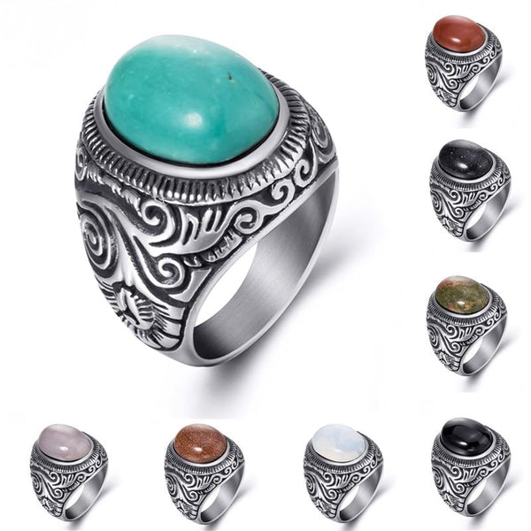 Unisex Natural Moonstone,Onyx, & Other Stones Titanium Steel Signet  Ring