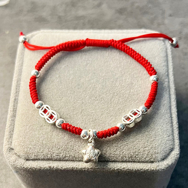 Red Rope & Silver Ancient Coin & Lucky Star Bracelet