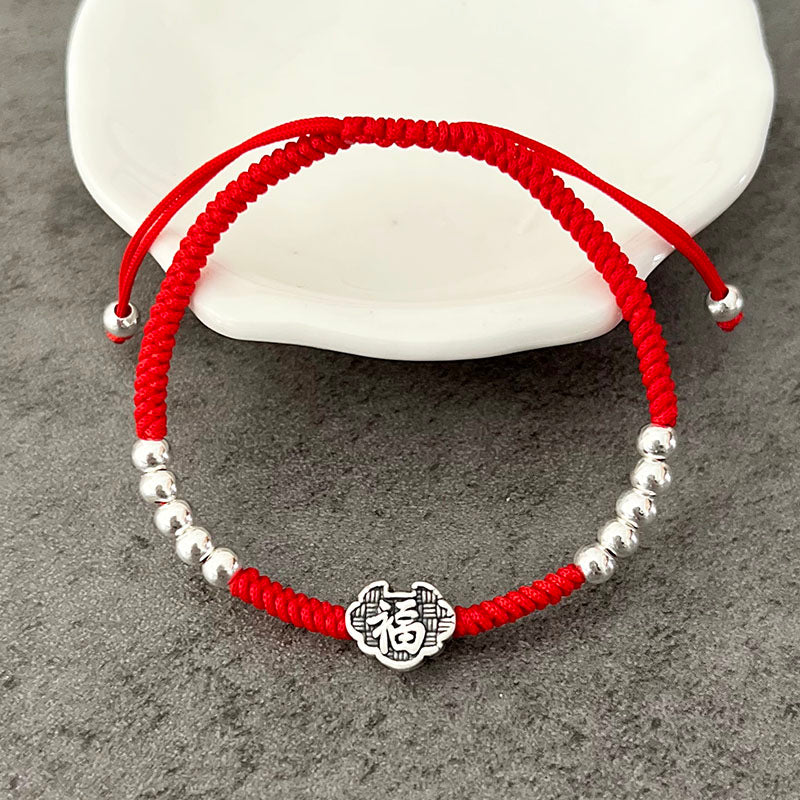 Red Rope & Silver Wealth 'Fu' Symbol Bracelet zenheavens