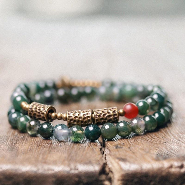 Moss Agate & African Grass Jade  Hammered Copper Multi Wrap CLEANSING Bracelet