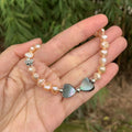 Feminine Natural Freshwater Pink Pearls & Abalone Shell Hearts Bracelet