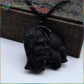 Handcarved Obsidian Mother Baby Elephant  Pendant Necklace