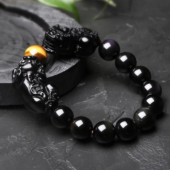 Double Attraction Pixiu & Natural Obsidian with Tiger Eye Bead Bracelet Beads 12mm