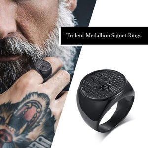 Titanium Steel Neptune's Trident Medallion Signet Ring for Men