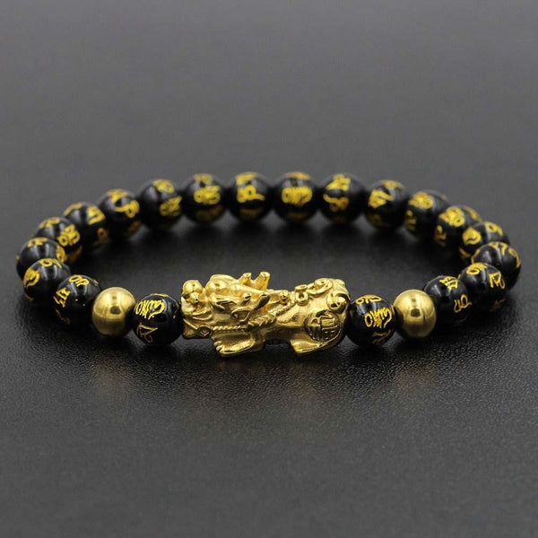 NEVER FADE! Golden Steel Pixiu & Mantra FENG SHUI for WEALTH Obsidian Bracelet