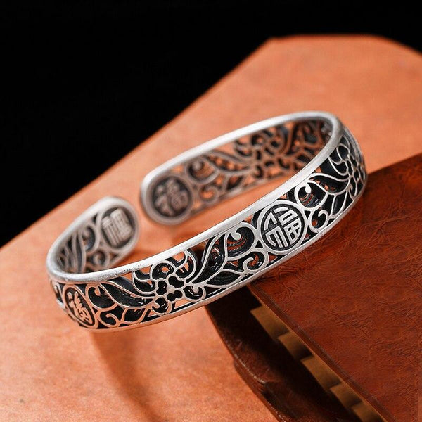 Ethnic Thai Silver Retro Floral Bangle