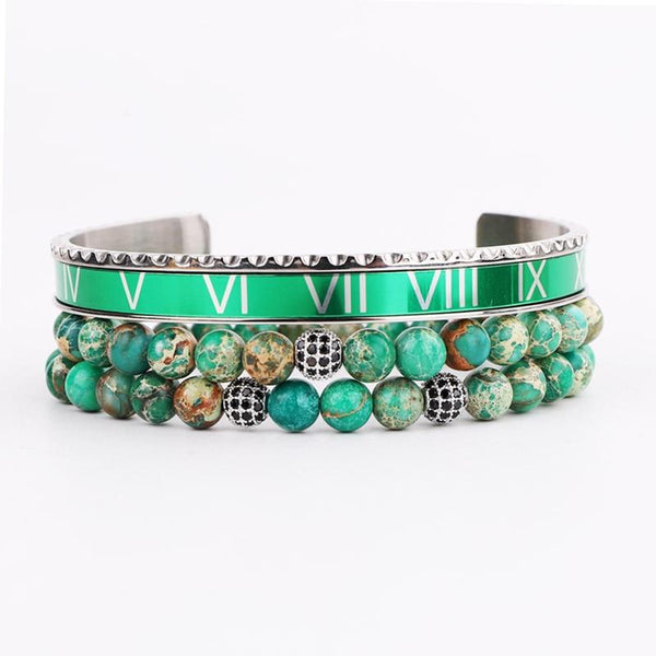 Luxury Steel & Green/Blue IMPERIAL JASPER 3 pc  'STABILITY' Bracelet Set