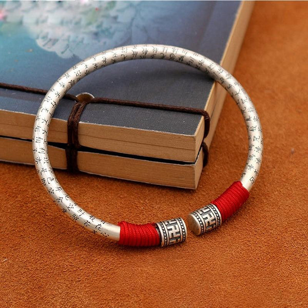 Ethnic Thai Silver Auspicious Symbols & Red Rope Accented Bangle