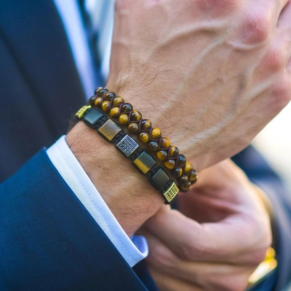 Luxury CZ Bead & Tiger Eye/ Hematite/ Lapis Lazuli Stone 'VIGOUR' 2pc Set