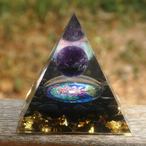 5-Handmade Obsidian & Amethyst Crystal Sphere 'PROTECTION' ORGONITE Pyramid