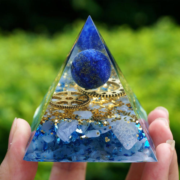 #116-Handmade Lapis Lazuli & Blue Chalcedony Crystal Sphere 'UBER MEMORY ' ORGONITE Pyramid