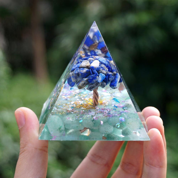 #233-Handmade Lapis Lazuli & Green Aventurine TREE of LIFE ‘BALANCE YOUR CHAKRAS ORGONITE Pyramid