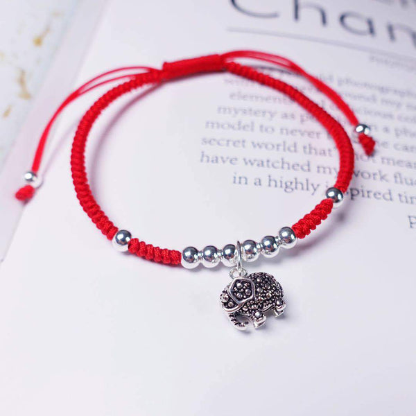 Sterling Silver  JOYFUL & LOYAL  ELEPHANT &  Red Rope  Bracelet