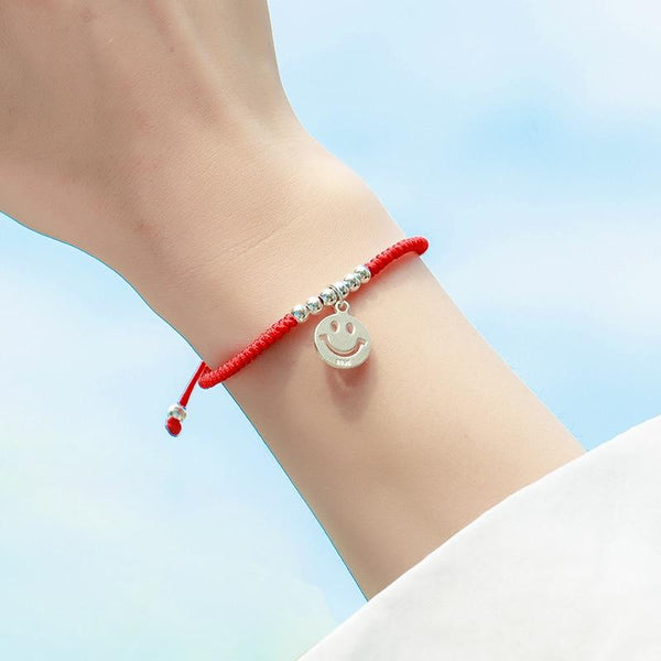 🙂Sterling Silver Smiling Face Red Rope HAPPINESS EMOJI Bracelet🙂