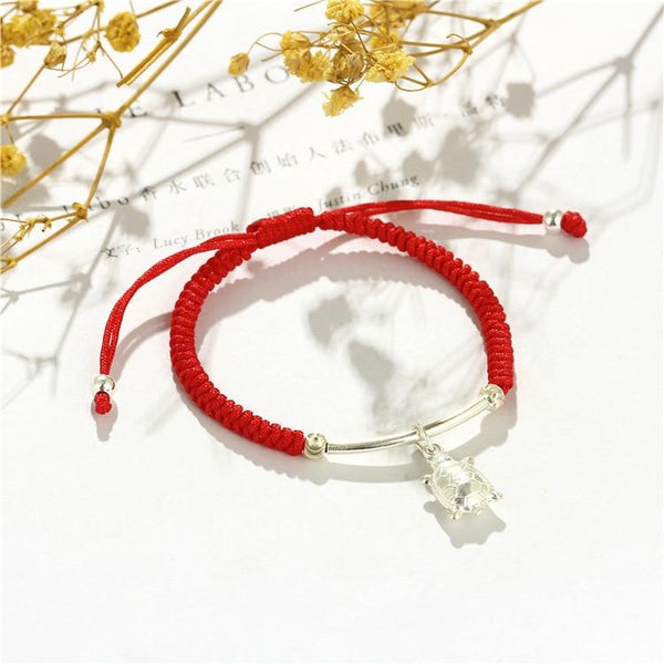 Lucky Red Rope & Sterling Silver PERSEVERANCE Turtle Bracelet