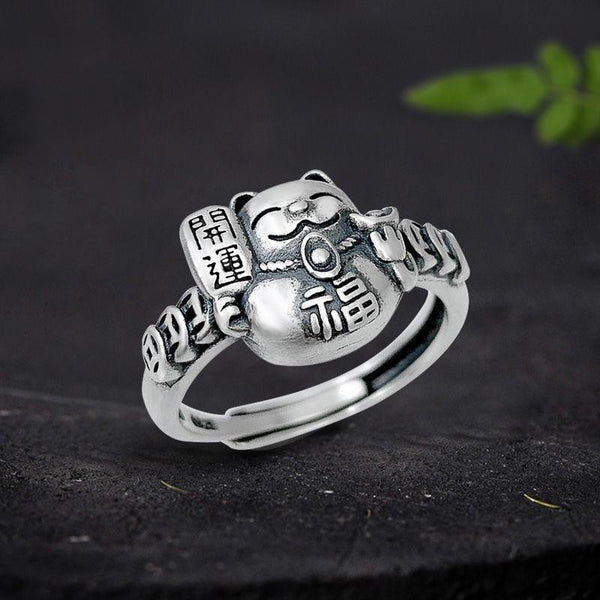 THAI SILVER Maneki Neko 'Beckoning Cat' & Ancient Coins Ring - 2 Styles