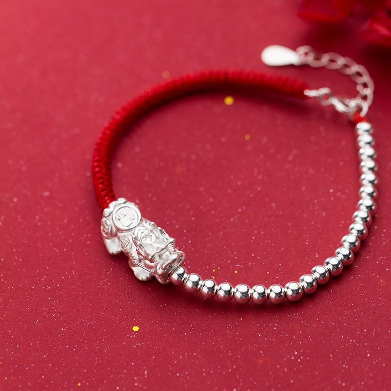 Red Rope & Silver 'Wealth Peanut' Bracelet