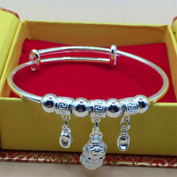 Thai Silver Pixiu & Silver Ingot Feng Shui Bangle