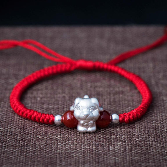 Red String Chinese Zodiac Bracelet With Silver Beads