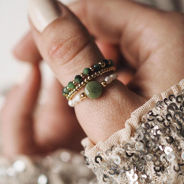 Green Jasper & Freshwater Pearls 'ATTRACT ABUNDANCE' Ring Set