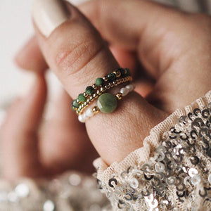 Green Jasper & Freshwater Pearls 'ATTRACT ABUNDANCE' Ring Set
