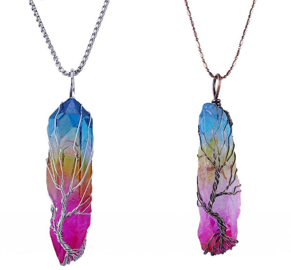 Wire Wrapped TREE OF LIFE  Titanium Coated Rock Quartz Necklace