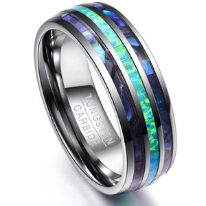 Luxury Silver Tungsten Carbide Ring with Blue Fire Opal & Abalone Shell Inlay-Sizes 5-15