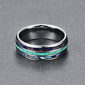 Luxury Silver Tungsten Carbide Ring with Blue Fire Opal & Abalone Shell Inlay-Sizes 5-15