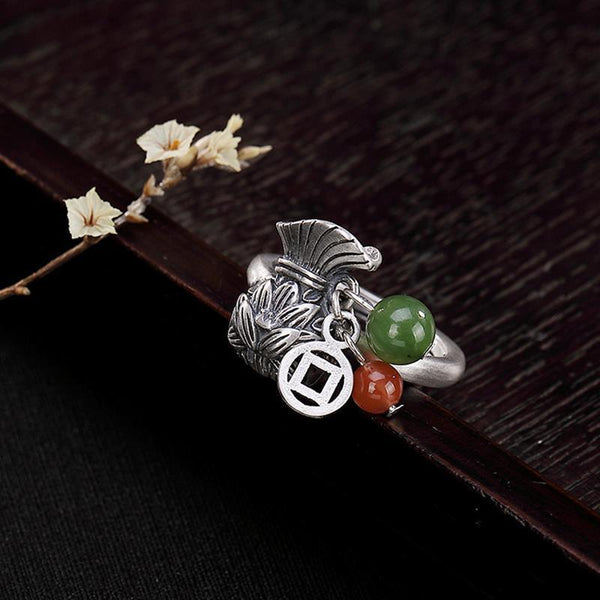 THAI SILVER Jade & Red Agate Detailed Money Bag Ring